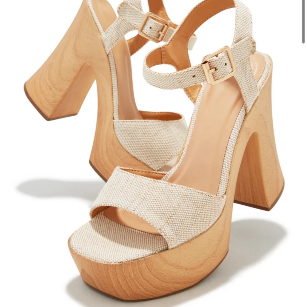 Neutral Canvas Platform Sandals with Wood-Effect Heel - Picture 2 of 5